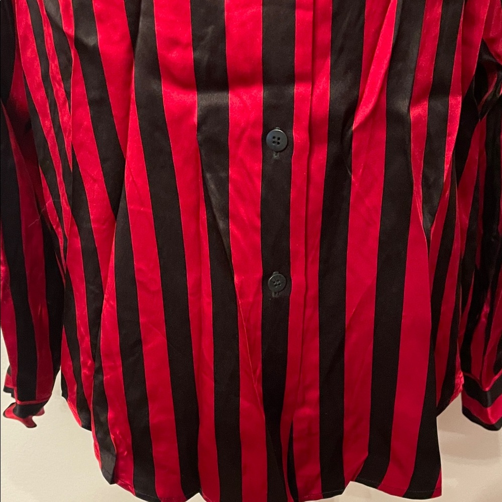 Vintage 100% Silk Red and Black Striped Button Down Shirt - Picture 5 of 11